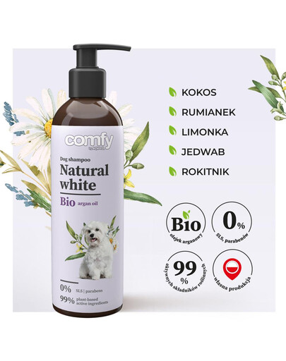 COMFY Natural White 250 ml  šampoon, mis tugevdab karvkatte erksat värvi