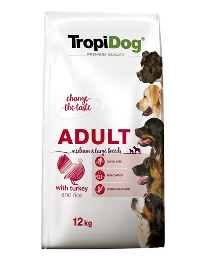 TROPIDOG Premium Adult M&L Turkey&Rice 12kg sausas maistas vidutinių ir didelių veislių šunims kalakutiena ir ryžiai
