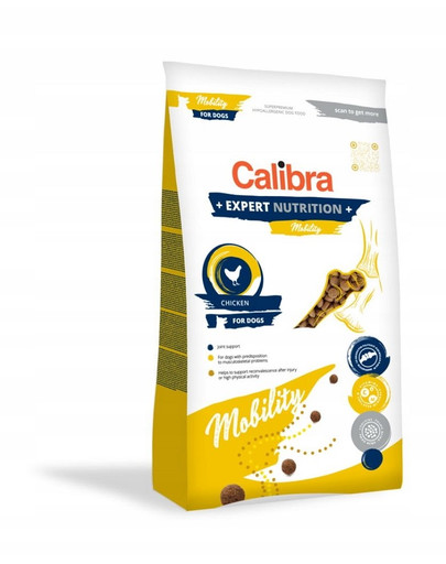 CALIBRA Dog Expert Nutrition Mobility 12 kg kuivtoit, mis sisaldab kõrgendatud kondroprotektiivseid ja põletikuvastaseid aineid. See on mõeldud suurt tõugu ja täiskasvanud koertele, kellel on luu- ja lihaskonna probleeme (liigesed, kõõlused, sidemed).
