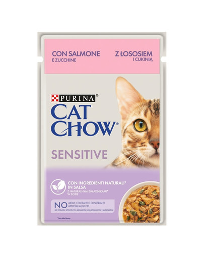 PURINA CAT CHOW Sensitive  lõhe ja suvikõrvitsaga kastmes 26 x 85 g
