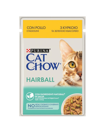 PURINA CAT CHOW Hairball control kana ja roheliste ubadega kastmes 26 x 85 g