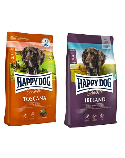 HAPPY DOG Supreme toscana 12,5 kg lõhnavaid Vahemere ürte, looduslik oliiviõli, lambaliha + Iirimaa 12,5 kg puhast lõhet ja küülikut, oder, kaer ja kartul.