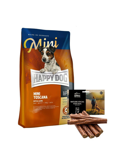 HAPPY DOG Mini Toscana 4 kg + naturaalsed sigarid pardilihaga 7 tk.