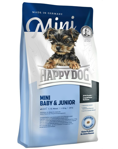 HAPPY DOG Mini Baby & Junior 29 16 kg (2 x 8 kg) kuivtoit väikest tõugu kutsikatele.