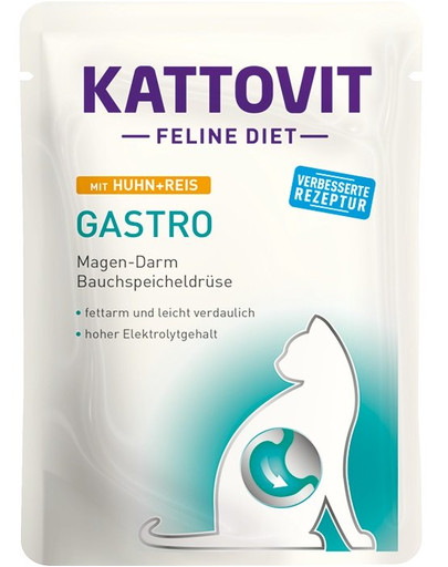 KATTOVIT Feline Diet Gastro Kana riisiga 24 x 85 g seedetrakti probleemidega (mao, kõhunäärme) kassidele.