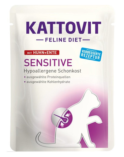 KATTOVIT Feline Diet Sensitive Kana ja pardilihaga 24 x 85 g Toodete ja toitainete talumatuse esialgsete sümptomite vähendamiseks.