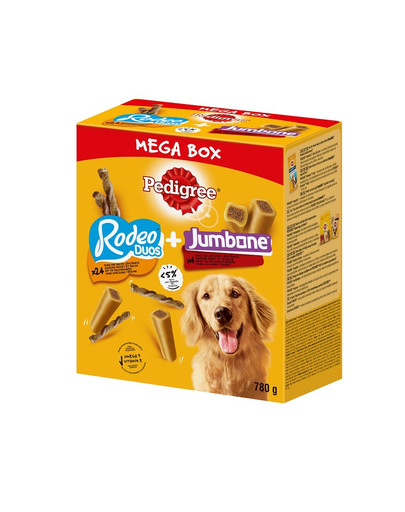 PEDIGREE Mega Box Rodeo ja Jumbone kana-, veise- ja linnuliha maitsega 780 g + koeravihik  Tasuta