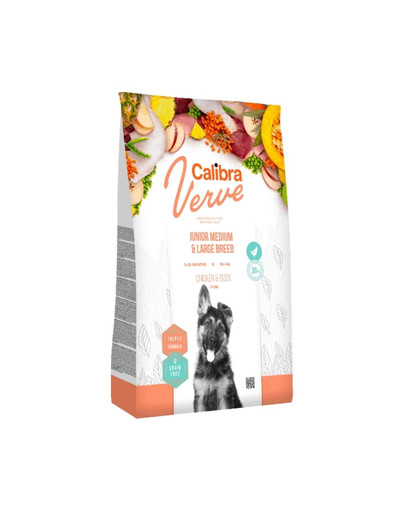 CALIBRA Dog Verve GF Junior Medium Large    Kana ja part 24 kg (2 x 12 kg) Teraviljavaba toit noortele koertele kuni keskmise kuni suure tõugu koertele kana ja pardiga.