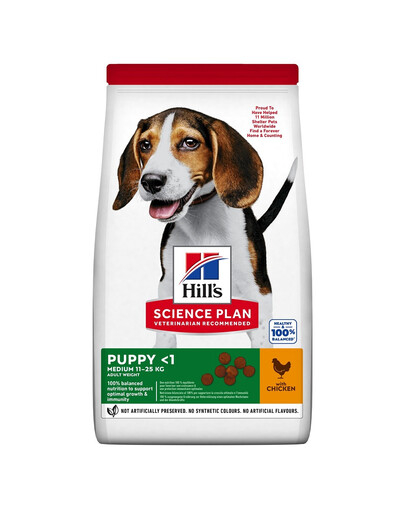 HILL'S Science Plan Canine Puppy Medium Chicken 18kg keskmise tõugu kutsikatoit kana + 3 konservi TASUTA