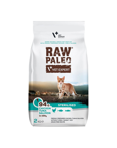 VETEXPERT Raw Paleo Sterilised   Kana, tuunikala ja lõhe steriliseeritud kassidele 2 kg