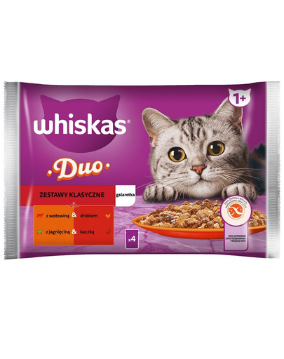 WHISKAS Adult kotike 4 x 85 g komplektid Klassikaline niiske kassitoit želees veise- ja kodulinnuliha, lambaliha ja pardiga