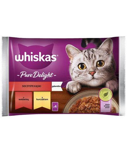 WHISKAS Täiskasvanute kotike 4 x 85 g Juicy Bites märgtoit kassidele veiseliha, kanaga
