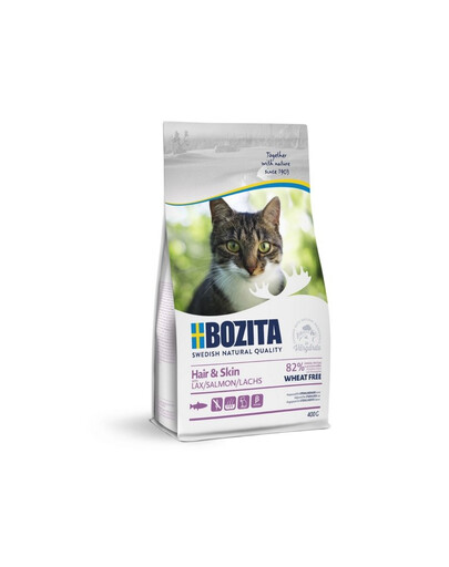 BOZITA Hair & Skin Wheat Free Lõhega 400g nisuvaba toit kasvavatele ja pikakarvalistele täiskasvanud kassidele ning naha- või karvaprobleemidega kassidele.