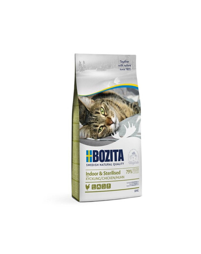 BOZITA Indoor & Sterilised Chicken 400 g kanaga on tasakaalustatud täistoit täiskasvanud kastreeritud ja steriliseerimata kassidele.
