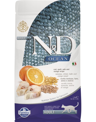 FARMINA N&D Ocean Täiskasvanud kassidele Tursk, spelt, kaer ja apelsin 1,5 kg