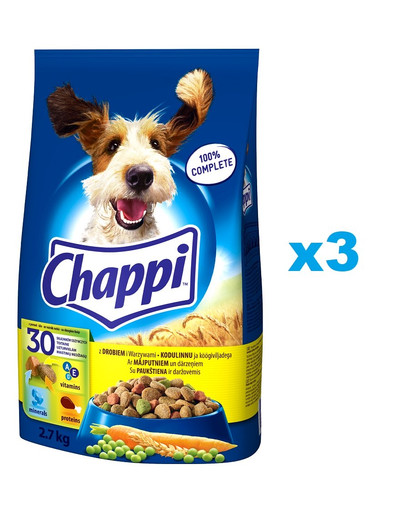 CHAPPI kuivtoit kodulindudega 3x2,7kg täiskasvanud koertele