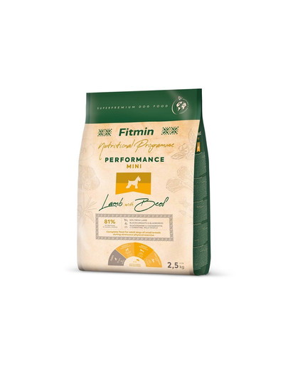 FITMIN Dog Nutritional Programme Mini Performance Lambaliha ja veiseliha 2,5 kg täiskasvanud väikest tõugu koertele, kelle aktiivsus on väga suur.