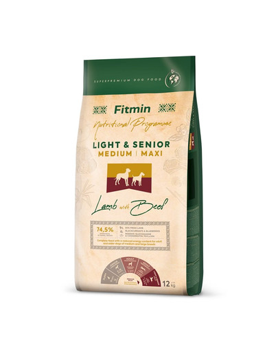 FITMIN Dog Nutritional Programme Medium Maxi Light Senior Lambaliha ja veiseliha 12 kg vanematele keskmist ja suurt tõugu koertele