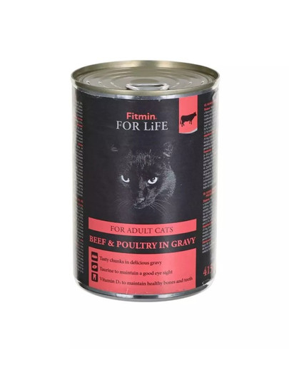 FITMIN For Life Adult cats Beef poultry in gravy 415 g veiseliha ja südamed želees täiskasvanud kassidele