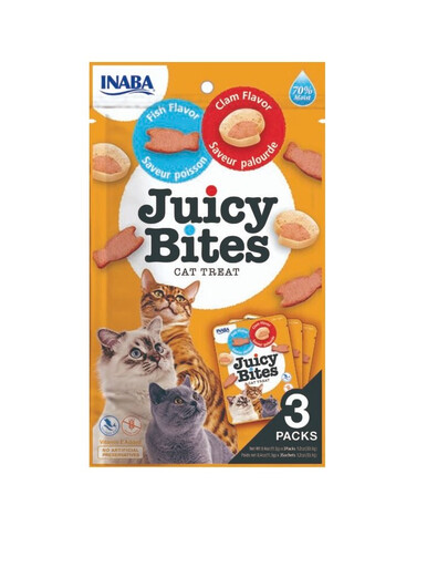 INABA Juicy Bites Cat Wet maiused kalaga ja rannakarpidega 33,9g ​​(3x11,3g)