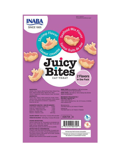 INABA Juicy Bites kassile krevettidega ja mereandide märjad maiuspalad 33,9 g (3 x 11,3 g)