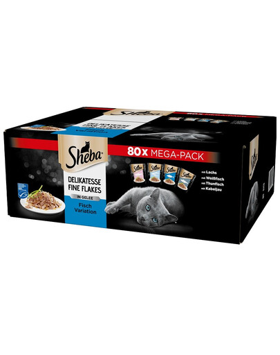 SHEBA kotikesed 80x85g Delikatesse Kalamaitsed lõhega, valge kalaga, tuunikalaga, tursaga, tarretis