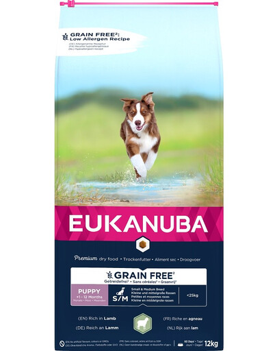 EUKANUBA Grain Free S/M Puppy Lamb 12 kg väikestele ja keskmise suurusega kutsikatele