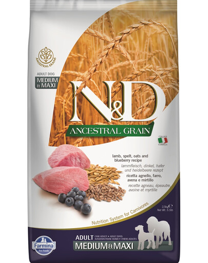 FARMINA N&D Ancestral Grain Dog Adult Lamb, Spelt, Oats, Blueberry2,5 kg