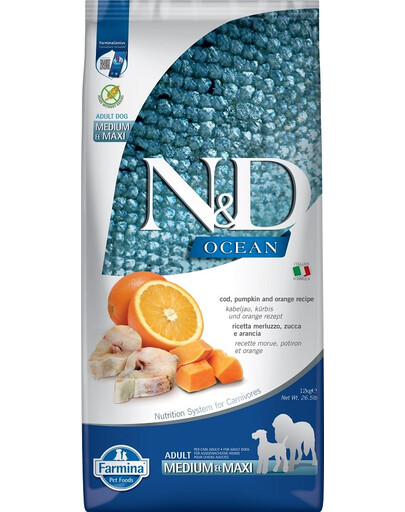 FARMINA N&D Ookeani koeratursk, kõrvits, oranž Adult medium & maxi 12 kg