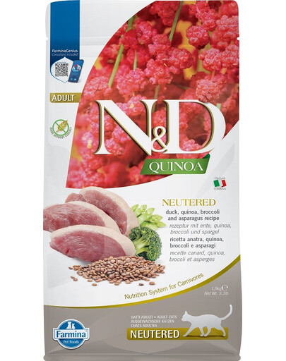 FARMINA N&D Quinoa Pardi Brokkoli Spargel Toit täiskasvanud steriliseeritud kassidele 1,5 kg