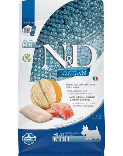 FARMINA N&D Ocean Dog Adult Mini salmon, cod & canatloupe melon 2,5 kg lõhe, tursk, harilik melon