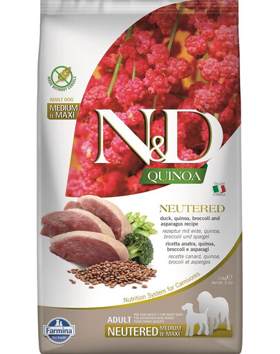 FARMINA N&D Quinoa Dog Neutered Adult Medium & Maxi duck, broccoli & asparagus 2.5 kg part, brokoli ja spargel koertele pärast kastreerimist