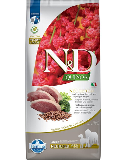 FARMINA N&D Quinoa Dog Neutered Adult Medium & Maxi duck, broccoli & asparagus 12 kg part, brokoli ja spargel koertele pärast kastreerimist