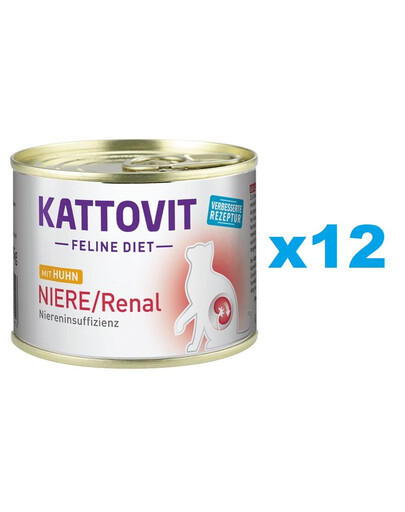 KATTOVIT Feline Diet Niere/Renal  Kanalihaga  12 x 185 g Neerufunktsiooni toetamine kroonilise neerupuudulikkuse korral.