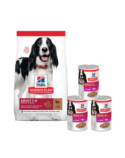 HILL'S Science Plan Canine Adult Keskmine tõug  Lambaliha ja riis 14 kg + 3 konservi TASUTA