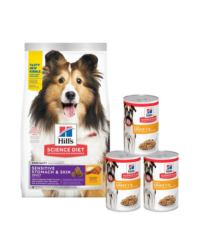 HILL'S Canine Adult Sensitive Stomach & Skin 14kg + 3 konservi  TASUTA toidab nahka ja muudab karvkatte läikivaks.