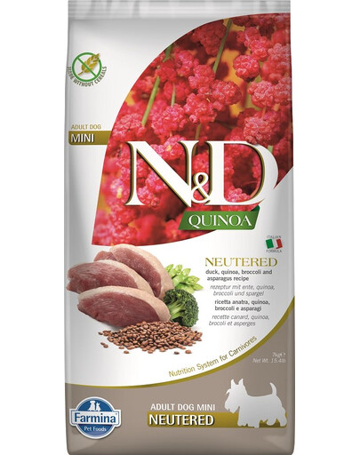 FARMINA N&D Quinoa Dog Neutere Adult Mini duck, broccoli & asparagus 7 kg part, brokoli & spargel kastreeritud koertele