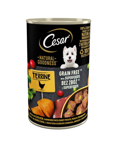 CESAR purk 400g - täiskasvanud koertele mõeldud täistoit, mis sisaldab rohkelt kana, garneeritud jamsside, herneste ja jõhvikaga