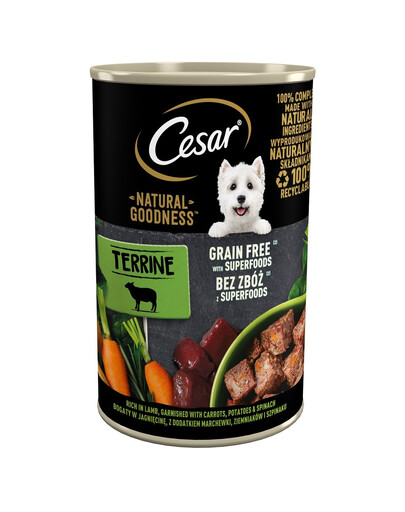 CESAR purk 400g - täiskasvanud koertele mõeldud lambaliharikas märg täistoit, garneeritud porgandi, kartuli ja spinatiga
