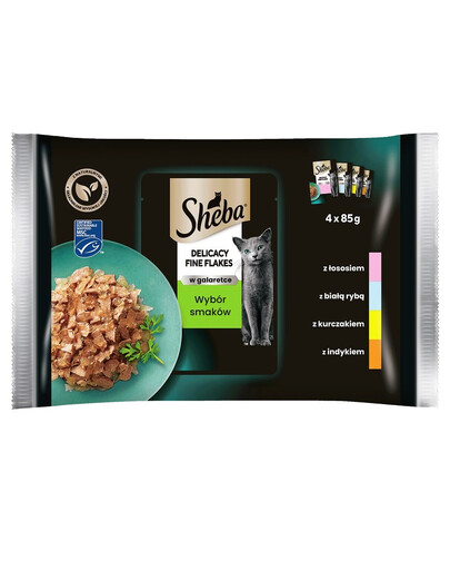 Sheba Delicacy Selection of Flavours 4x85g õrnad tükkid sulavas želees valikus on  lõhe, valge kala, kana, kalkun