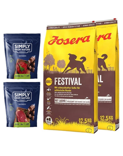 JOSERA Festival täiskasvanud valivale koerale 25kg (2x12,5kg) + SIMPLY FROM NATURE Looduslikud vorstid hobuse- ja hirvelihaga 2x200g