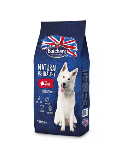 BUTCHER'S Natural&Healthy Dog kuivsööt veiselihaga 15kg + 4 x 400g Functional Dog Joints kanatükkidega kastmes TASUTA