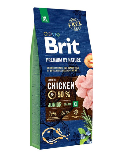 BRIT Premium By Nature Junior Extra Large XL Chicken15 kg Kanalihaga toit väga suurte tõugude kutsikatele (täiskasvanu kaal 45 - 90 kg) vanuses 1 kuni 30 kuud.