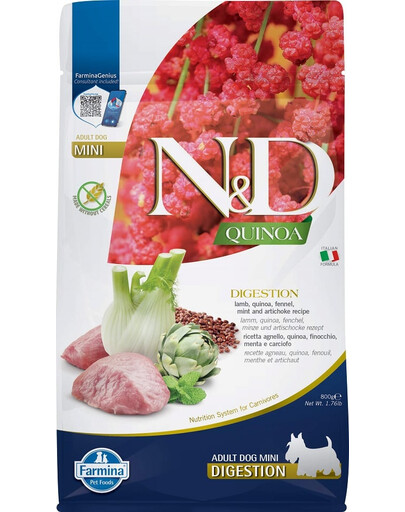 FARMINA N&D Quinoa Dog Adult Mini Digestion Grain Free jlambaliha, kinoa, apteegitilli ja artišoki 800g