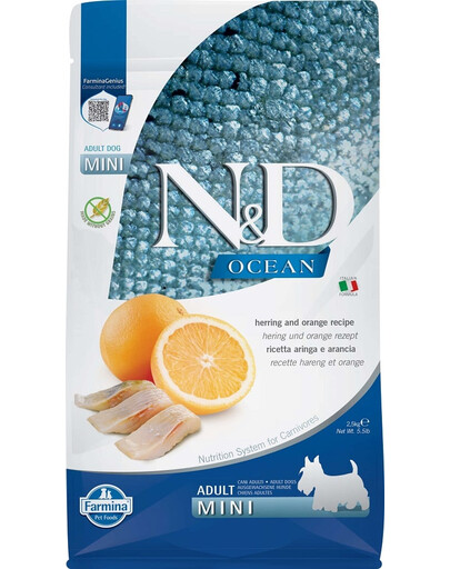 FARMINA N&D Ocean Dog Adult Mini väikeste tõugude täiskasvanud koertele heeringa ja apelsiniga 2,5 kg