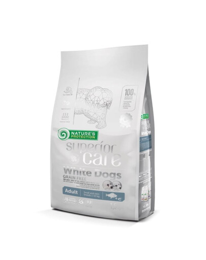 NATURES PROTECTION SUPERIOR CARE White Dogs Grain Free White Fish Adult Small and Mini Breeds 1,5 kg valge kalaga väikestele valge karvkattega koertele