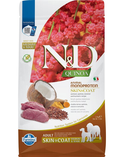 FARMINA N&D Quinoa Dog Adult Medium Maxi Skin and Coat Venison Coconut 2,5 kg keskmistele ja suurtele tõugudele.