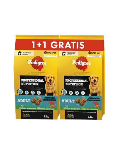 PEDIGREE Adult Professional Nutrition 12 kg veiseliha ja köögiviljadega suurtele ja keskmise suurusega koertele + 12 kg TASUTA