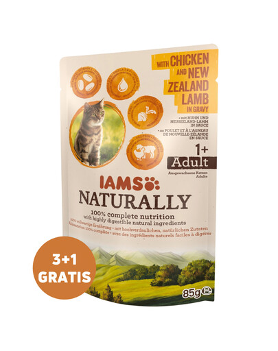 IAMS Naturally Chicken and Lamb in Gravy kana ja lambaliha kastmes 3 x 85 g + 1 TASUTA