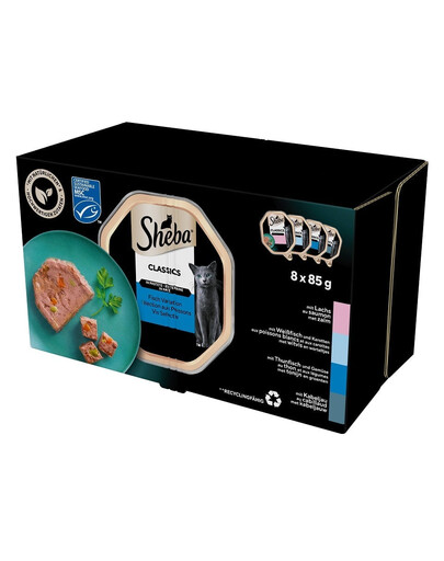 SHEBA Classics Fish Flavours 8x85g taldrikutes lõhega, valge kala ja porgandiga, tuunikala ja köögiviljadega, tursaga.